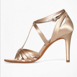 These are beautiful gold satin sandals. I love them!  Narrower…